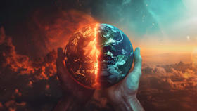 Illustration de deux mains entourant la planète Terre, avec d'un côté une Terre qui brûle, et de l'autre une Terre qui gèle