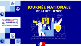 Illustration annonçant la Journée nationale de la Résilience le 13 octobre, avec comme message "Face aux risques, agissons - Bien préparés, bien protégés"